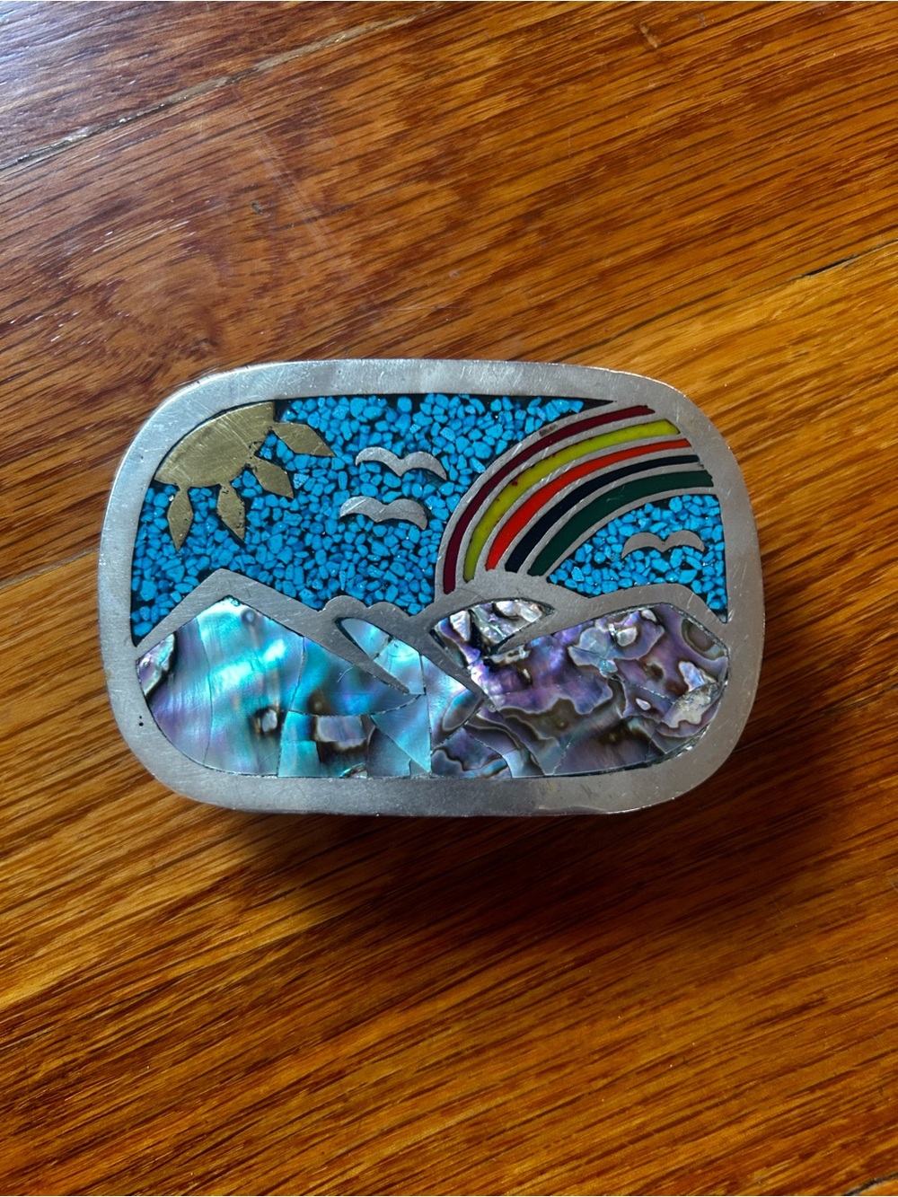 Vintage 1980s Turquoise Mosaic Mountain & Rainbow Belt Buckle